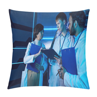 Personality  Female Scientist Passionately Explains Tasks To Interns Within A Futuristic Science Center Pillow Covers