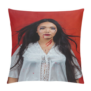 Personality  Close-up Portrait Of A Young, Beautiful Asian Girl On Halloween. Woman Covering Her Face Bloody Hand. Pillow Covers