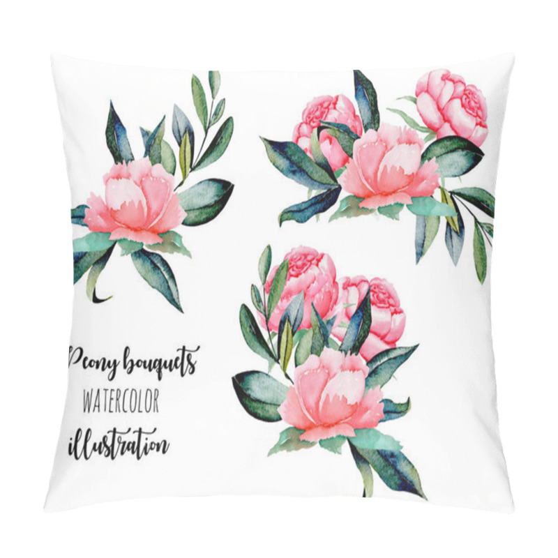 Personality  Set Of Watercolor Red Peonies And Green Leaves Bouquets Illustrations Pillow Covers
