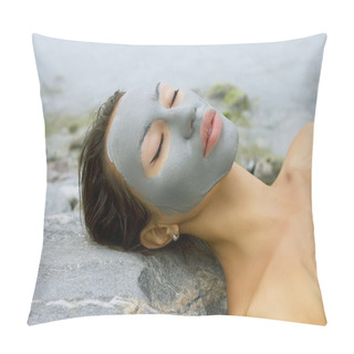 Personality  Woman With Blue Clay Facial Mask In Beauty Spa (wellness). Pillow Covers