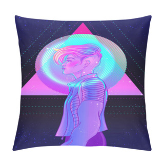 Personality  Portrait Of A Young Pretty Androgynous Woman With Short Shaved Pixie Undercut In Retro Futurism Style. Vector Illustration In Neon Bright Colors. Blue Short Hair. Futuristic Synth Wave Pillow Covers