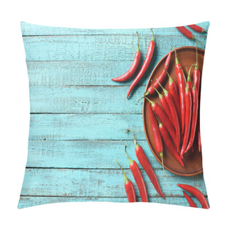 Personality  Elevated View Of Red Ripe Chili Peppers On Plate And Blue Wooden Table Pillow Covers