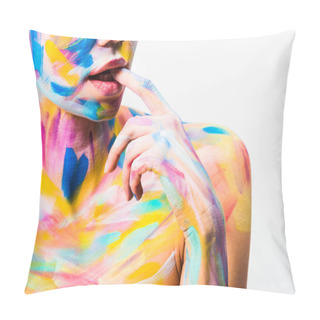 Personality  Cropped Image Of Girl With Colorful Bright Body Art Biting Finger Isolated On White  Pillow Covers