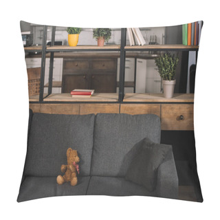 Personality  Teddy Bear On Modern Grey Sofa In Living Room With Sunshine  Pillow Covers