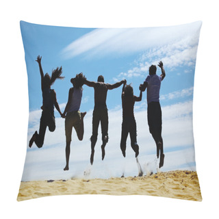 Personality  Group Of Friends Jumps On Sand, Rear View Pillow Covers