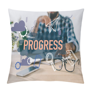 Personality  Cropped Shot Of Businessman In Plaid Shirt Sitting At Workplace With Progress Icons  Pillow Covers
