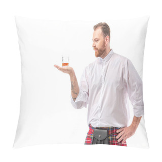 Personality  Scottish Redhead Man In Red Kilt With Whiskey In Glass On Hand Isolated On White Pillow Covers