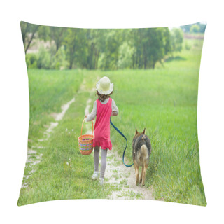 Personality  Little Girl With Dog Running On The Road To The Picnic Pillow Covers