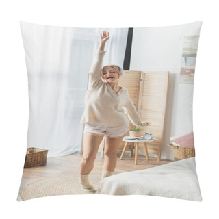 Personality  Overjoyed Young Woman In Wireless Headphones Dancing While Having Fun In Modern Apartment  Pillow Covers