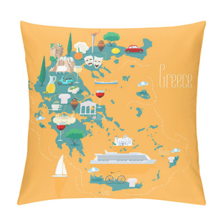 Personality  Map Of Greece With Islands Vector Illustration, Design Element. Icons With Greek Ancient Ruins, Acropolis. Explore Greece Concept Image Pillow Covers