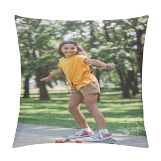 Personality  Beautiful Smiling Child Riding Longboard In Park Pillow Covers