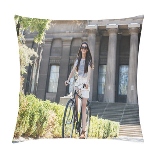 Personality  Young Smiling Woman In Sunglasses Riding Retro Bicycle On Street Pillow Covers