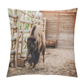 Personality  Close Up View Of Bison Grazing In Corral At Zoo Pillow Covers