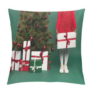 Personality  Cropped View Of African American Child In Red Dress Holding Gift Near Christmas Tree On Green Background  Pillow Covers
