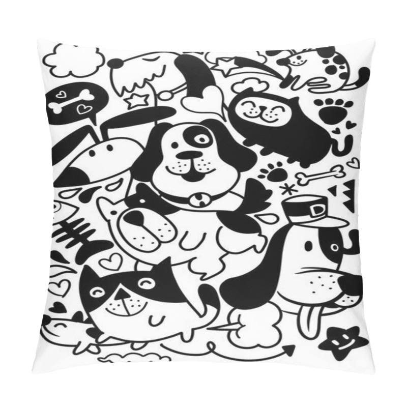 Personality  Hand Drawn Black And White Illustration Featuring A Variety Of Cartoon Dogs And Cats In Playful Poses, Surrounded By Cute Symbols Pillow Covers