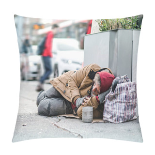 Personality  Homeless Beggar Man Lying On The Ground Outdoors In City Asking For Money Donation. Pillow Covers