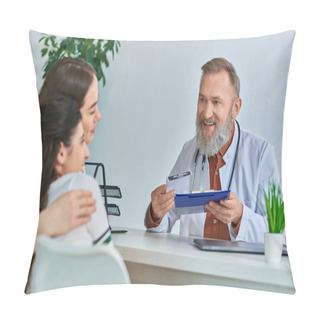 Personality  Cheerful Grey Bearded Doctor Talking To Hugging Lgbt Couple That Smiling Sincerely, Ivf Concept Pillow Covers
