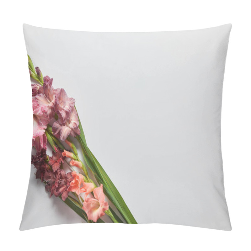 Personality  Top View Of Beautiful Pink And Violet Gladioli Flowers On Grey Background Pillow Covers