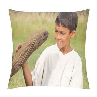 Personality  Boy Looks In Eyes Of Giant Tortoise Pillow Covers