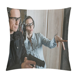 Personality  Female Customer Pointing On Something In Shooting Gallery Pillow Covers