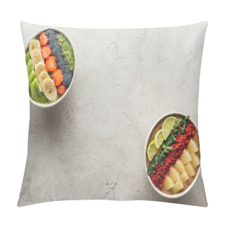 Personality  Top View Of Healthy Organic Smoothie Bowls With Fruits On Grey Background With Copy Space Pillow Covers