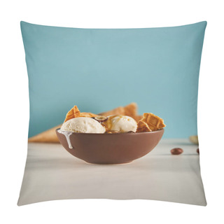 Personality  Bowl Of Delicious Ice Cream With Pieces Of Waffle And Carmel On Blue With Copy Space Pillow Covers