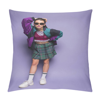 Personality  Fashionable Woman In Sports Jacket And Sunglasses Posing On Purple Background  Pillow Covers