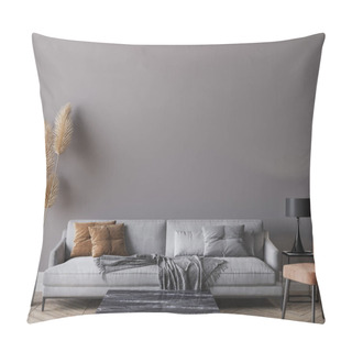 Personality  Modern Living Room Interior, Gray Sofa On Dark Empty Wall Mockup Pillow Covers