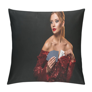 Personality  Attractive Girl In Red Shiny Dress Hiding Joker Card In Dress And Looking Away Isolated On Black Pillow Covers
