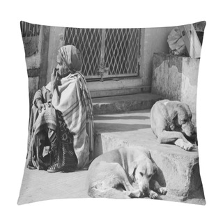 Personality  Indian Woman And Dogs At The Uttar Pradesh Market Pillow Covers
