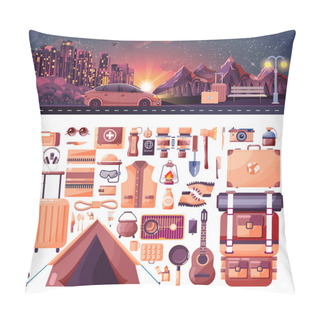 Personality  Night Landscape, Mountains, Sunset, Travel, Nature, Car, City Nightlife, Bench, Luggage, Sports Equipment For Outdoor Activities In Flat Style Pillow Covers