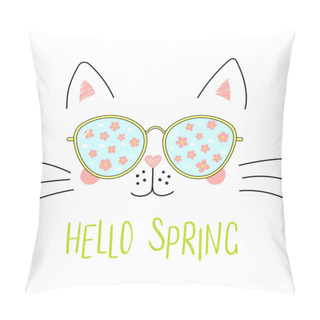 Personality  Hand Drawn Cute Cartoon Funny Cat In Sunglasses With Cherry Blossoms Reflection And Text Hello Spring, Vector, Illustration Pillow Covers