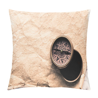 Personality  Top View Of Vintage Navigation Compass On Blank Crumpled Paper Pillow Covers
