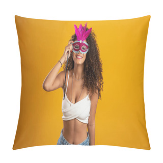 Personality  Beautiful Woman Dressed For Carnival Night. Smiling Woman Ready To Enjoy The Carnival With A Colorful Mask. Pillow Covers