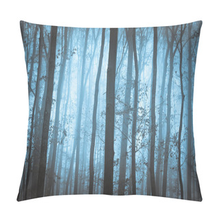 Personality  Dark Blue Spooky Forrest With Trees In Fog Pillow Covers