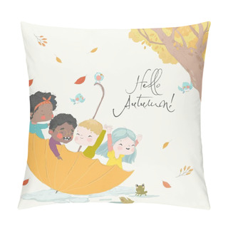 Personality  Cute Cartoon Kids Sitting In Big Umbrella. Hello Autumn. Vector Illustration Pillow Covers