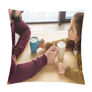 Personality  Cropped Image Of Happy Daughter And Father Changing Their Cups Of Cacao With Marshmallow   Pillow Covers