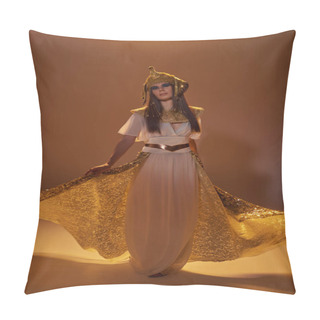 Personality  Full Length Of Woman In Egyptian Attire Holding Elegant Skirt While Standing On Brown Background Pillow Covers