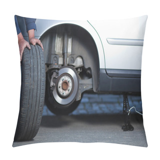 Personality  Mechanic Changing A Wheel Of A Modern Car Pillow Covers