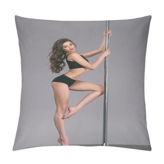 Personality  Side View Of Beautiful Female Pole Dancer Looking At Camera On Grey Pillow Covers