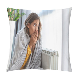 Personality  Woman Freezing At Home, Sitting By The Cold Radiator. Woman With Home Heating Problem Feeling Cold Pillow Covers