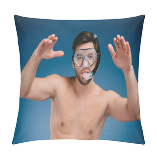 Personality  Handsome Shirtless Young Man In Snorkel And Diving Mask Swimming And Looking At Camera On Blue  Pillow Covers