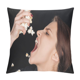 Personality  Emotional Woman Eating Salty Popcorn Isolated On Black Pillow Covers