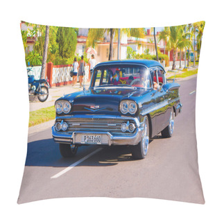 Personality  CIENFUEGOS, CUBA - SEPTEMBER 12, 2015: Classic Cars Are Still In Use And Old Timers Have Become An Iconic View Pillow Covers
