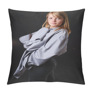 Personality  Young Woman In A Large Male Shirt Pillow Covers