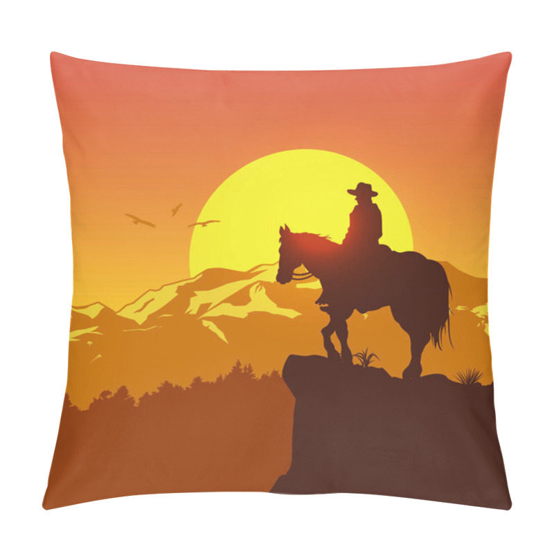 Personality  Silhouette of lonesome cowboy riding horse at sunset, Vector Illustration pillow covers
