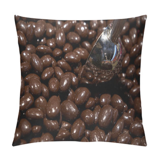 Personality  Almonds In Chocolate Glaze. Nuts In Milk Chocolate. Brown Jelly Beans Dragee Background. Candy Shop. Metal Scoop Inside Sweets. Horizontal Photo. Pillow Covers