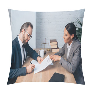 Personality  Businessman In Glasses Signing Insurance Policy Contract Near Lawyer In Office Pillow Covers
