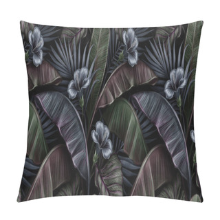 Personality  Tropical Exotic Dark Vintage Seamless Pattern With Blue Hibiscus, Banana Leaves, Palm, Colocasia. Hand-drawn 3D Illustration. Good For Production Wallpapers, Cloth, Fabric Printing, Goods. Pillow Covers