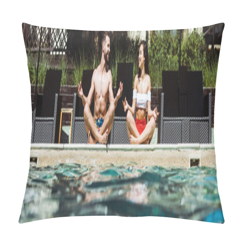 Personality  Panoramic Shot Of Happy Woman And Handsome Man Meditating Near Swimming Pool   Pillow Covers